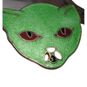 Vintage Kitten Kitty Cloisonne Enamel Green Cat Lover's Pin Brooch